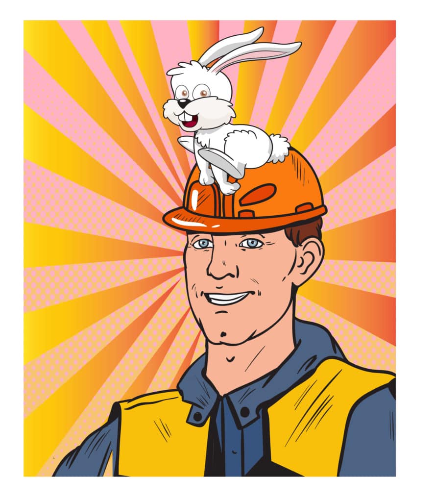 new rewards program notice with hardhat guy wit a white rabbit on his head