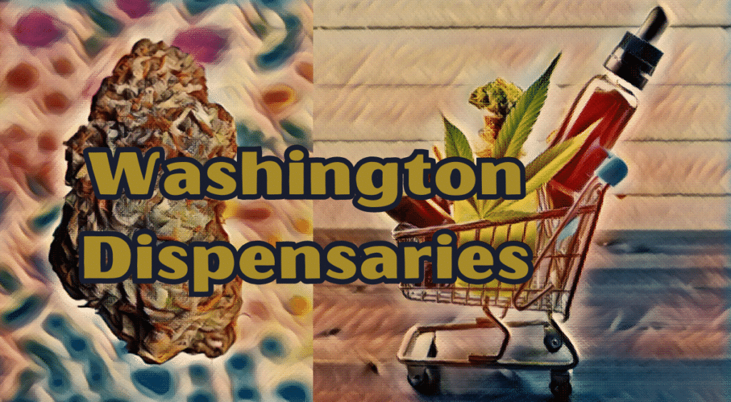 Washington dispensaries banner with shopping cart of cannabis products
