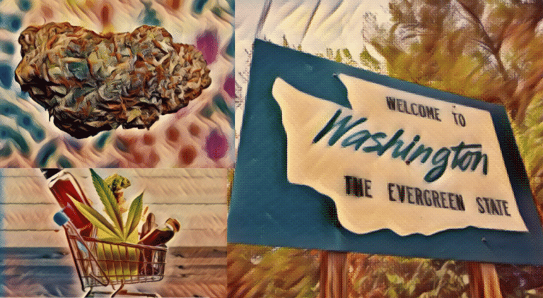 Washington dispensaries header with bud, shopping cart, and welcome to WA sign