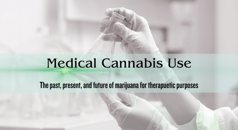 medical marijuana use banner with gloved hands holding a beaker of cannabis oil